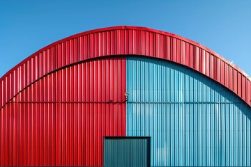 Fototapeta premium Colorful modern industrial warehouse with red dome roof and blue wall.