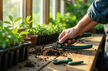 Fototapeta premium Professional plant propagation tools in organized greenhouse workspace