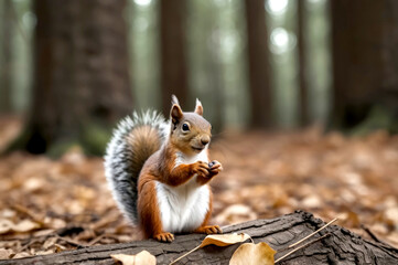 Squirrel in the wild, sitting among trees and leaves