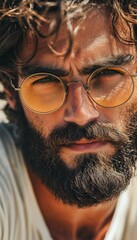Yellow Glasses On. Handsome Bearded Male Face With Trendy Eyewear. Close Up, Fashion And Style.
