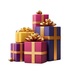 Fototapeta premium Colorful stacked gifts adorned with golden ribbons and bows for festive celebrations, transparent background