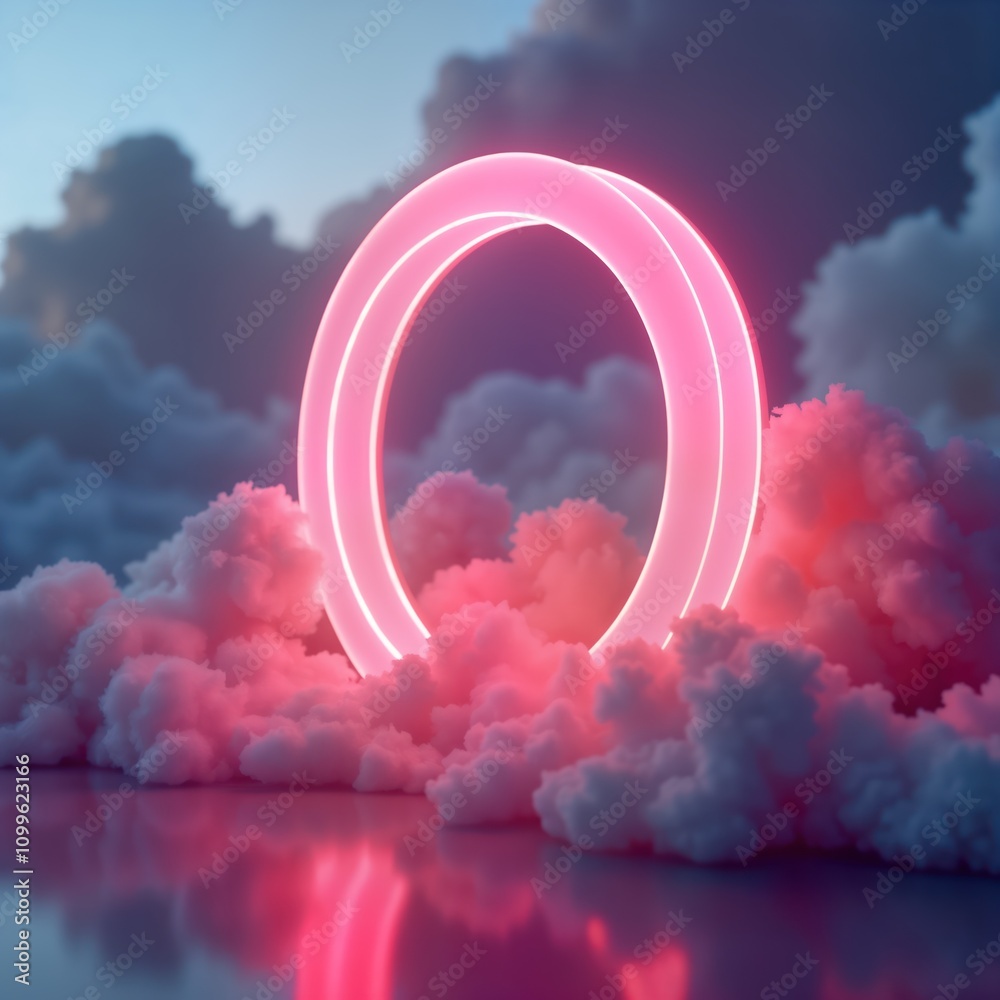 Poster Pink neon glows in cloudy sky. Futuristic design with abstract glowing circle. Isolated graphic element. Beautiful presentation for poster website. Modern, trendy visual. Dynamic effect of glowing on