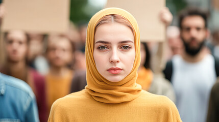 Obraz premium Protest movement young woman in headscarf urban setting portrait