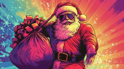 Obraz premium Cool Santa Claus carrying a large bag of gifts.