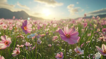 Fototapeta premium Vibrant flower field blossoming with an array of colors under a bright blue sky, nature s beauty.