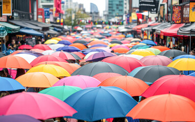 Obraz premium Colorful umbrellas outdoor market urban scene vibrant atmosphere aerial view community spirit