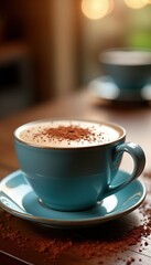 Obraz premium Cozy blue cup of hot cocoa sits on wooden table. Aromatic drink garnished with cocoa powder. Enjoyable hot beverage for winter days. Perfect for cafes, home, holiday. Warm, tasty drink. Relaxing,