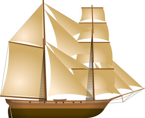 1800s Sailing Cargo Ship. Side profile of a sailing vessel from the 1800s, based on the Mary Celeste. Isolated vector illustration. © DogWatch Digital