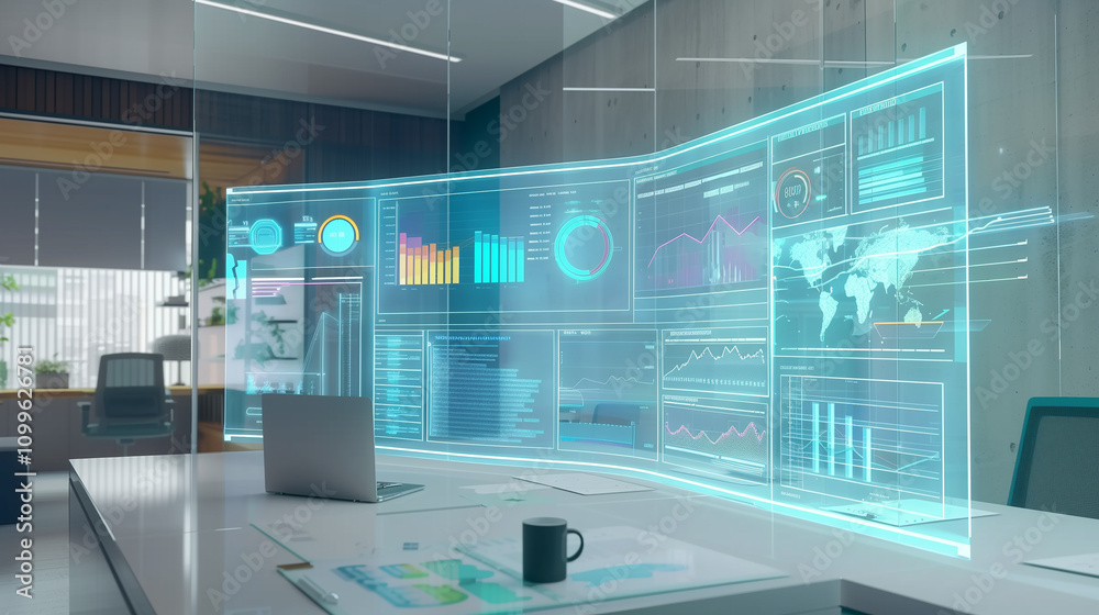 Poster a futuristic workspace with holographic displays of billing data spreadsheets, real-time transaction