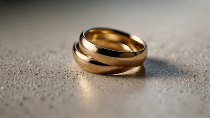 Simple gold wedding bands on white background. Eternal love and commitment concept. Wedding and party idea. Copy space.