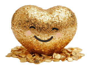 Golden glitter heart with a smiling face surrounded by shiny coins on a clear backdrop, symbolizing joy and prosperity, transparent background