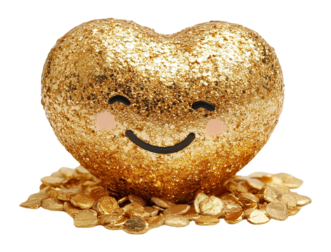 Golden glitter heart with a smiling face surrounded by shiny coins on a clear backdrop, symbolizing joy and prosperity, transparent background