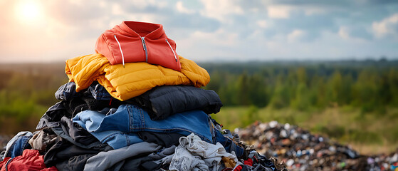 Environmental impact of fast fashion piled clothing waste in a landfill outdoor photography nature awareness