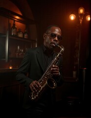 Obraz premium Portrait of Black musician wearing sunglasses while playing saxophone in a dimly lit room with warm lighting creating a cozy atmosphere of a bar