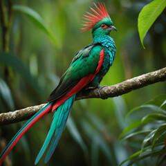 Obraz premium The resplendent quetzal, with vibrant emerald green and red feathers and iridescent tail