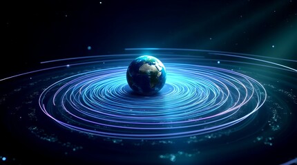 Fototapeta premium Striking digital art piece showcasing Earth centered within dynamic, luminous rings in a cosmic setting, evoking a sense of futuristic exploration and technological advancement.