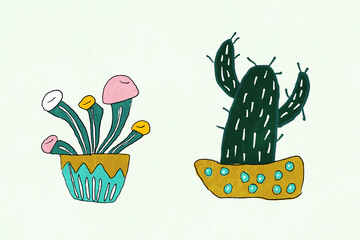 Vibrant cactus and mushroom illustrations on pale background