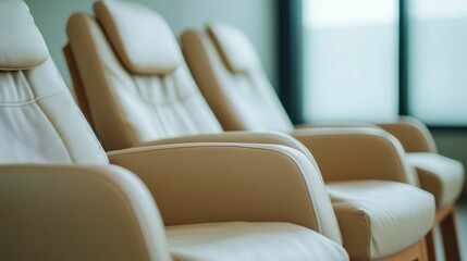 Fototapeta premium Serene Sanctuary Inviting Massage Chairs Surrounded by Soothing Music and Calming Ambience Creating a Relaxation Therapy Retreat for Wellness and