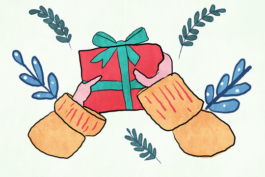 Hand-drawn mittens holding gift with festive winter foliage