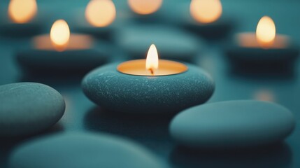 Peaceful spa like environment with aromatherapy candles and soothing hot stone therapy for deep relaxation and rejuvenation  Concept of holistic wellness mindfulness and self care