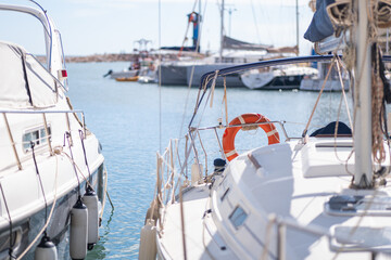 Charming sailboats docked in a sunny coastal marina