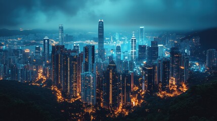 Obraz premium Stunning Night View of a Modern City Skyline Illuminated by Vibrant Lights Under a Dramatic Sky with Clouds and Hints of Twilight Creating a Magical Atmosphere
