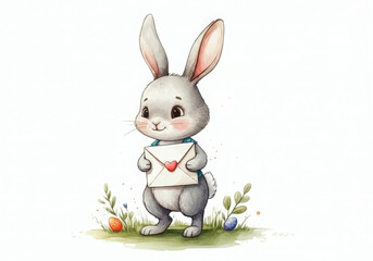 Obraz premium Adorable bunny holding a love letter with a heart, surrounded by easter eggs and spring foliage, perfect for greeting cards and children's illustrations