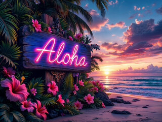"Aloha" Text Hawaiian Pacific Island Welcome Banner Poster with Foliage and Hibiscus Flowers
