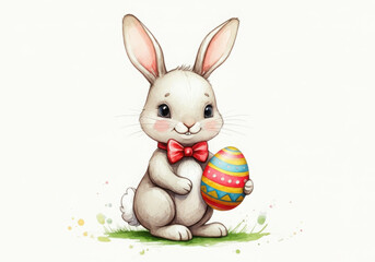Obraz premium Adorable watercolor illustration of an easter bunny holding a colorful decorated egg, perfect for spring celebrations