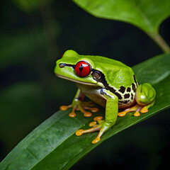 Fototapeta premium A bright green tree frog with red eyes perche