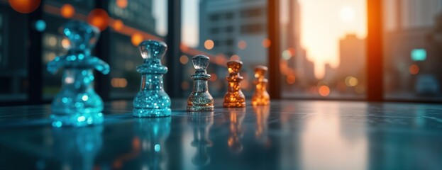 Obraz premium Glass chess pieces stand on table reflecting city sunset view. Business success concept. Strategic decisions. Modern city scene in background. Strong image for marketing. Winning strategy. Visual