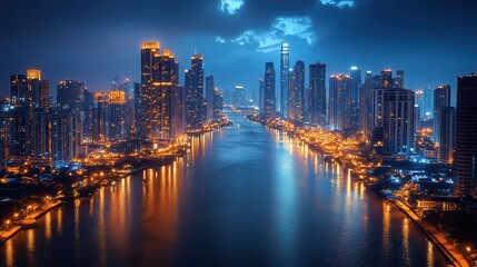 Obraz premium Stunning Aerial View of a Vibrant City Skyline at Night with Bright Lights Reflecting on a Serene River Under a Dramatic Sky and Cloudy Atmosphere