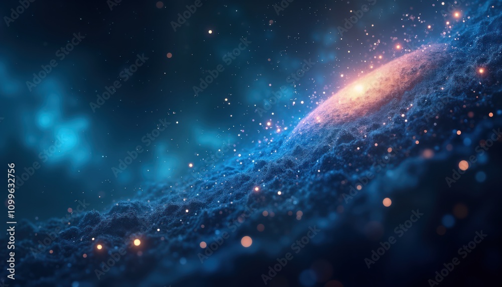 Poster abstract illustration shows space landscape with glowing particles. intricate patterns of glowing du