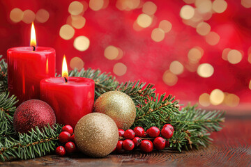Festive red candles with ornaments and pine branches on wooden table