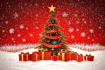 Obraz premium Festive Christmas tree with decorations and gifts in snowy scene