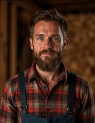 Fototapeta premium Portrait of bearded man wearing plaid shirt and apron, standing indoors, looking straight at camera. Background showing wooden logs, giving warm, rustic feel