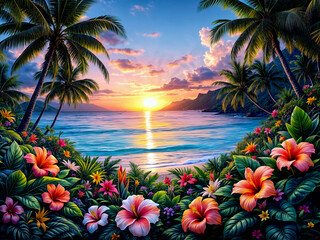 Hawaiian Pacific Tropical Island Welcome Banner Poster with Foliage and Hibiscus Flowers