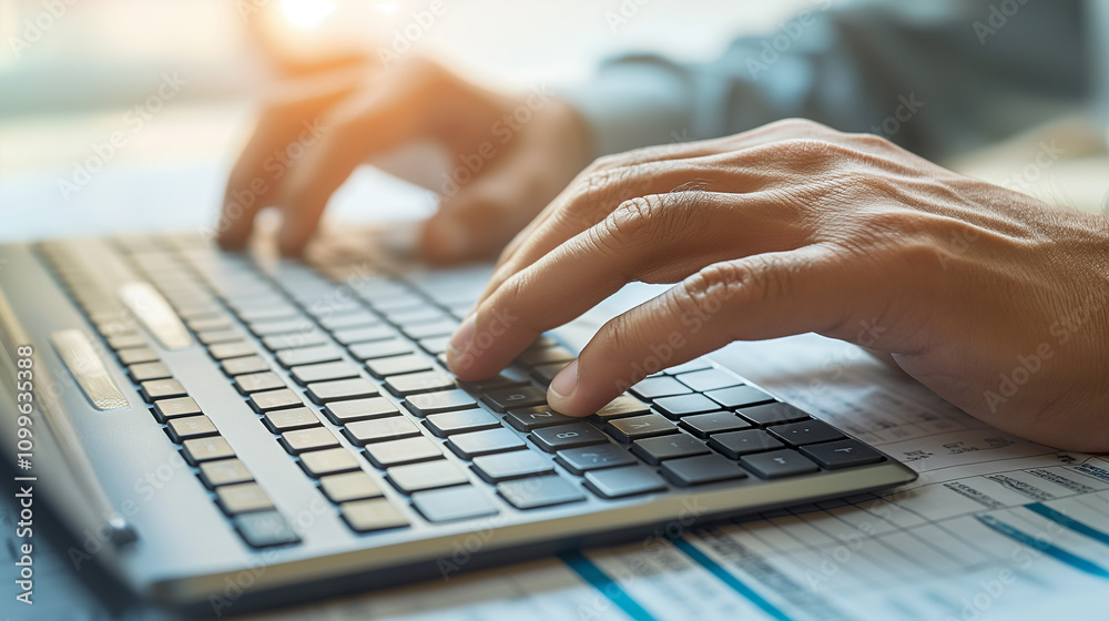 Poster hands typing on a keyboard as a detailed billing and invoicing spreadsheet is displayed on a high-re