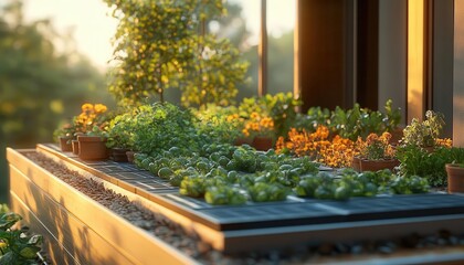 Home rooftop with solar panels and plants, ecoconscious living, clear day, peaceful vibe