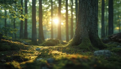 Obraz premium Mixed forest with sun shining through trees, peaceful nature, bright green tones