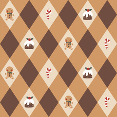 Seamless vector pattern in rich chocolate tones with jacquard-style diamonds featuring gingerbread men, Christmas puddings, and candy canes. A cozy, festive, playful design perfect for holiday decor