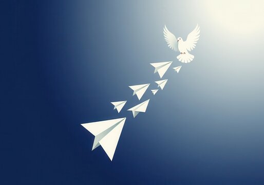 Abstract concept of peace and freedom with paper planes and dove in flight