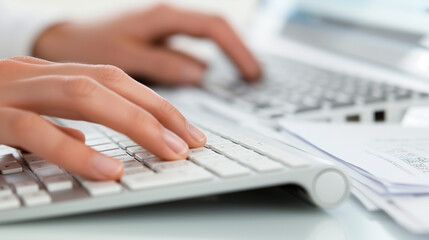 Hands typing on a keyboard as a detailed billing and invoicing spreadsheet is displayed on a high-resolution computer screen.