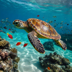 Fototapeta premium A sea turtle gliding through a clear turquois