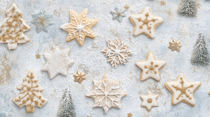 Christmas cookie shapes stars, snowflakes, and trees, rendered in soft pastel tones with subtle gold and silver accents, layered on textured background resembling powdered sugar for copy overlay