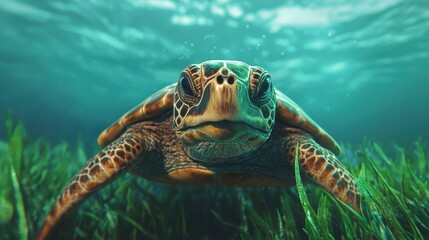 Obraz premium Turtle Entangled in Plastic Netting in Ocean Habitat Facing Challenges of Marine Pollution and Wildlife Conservation Efforts