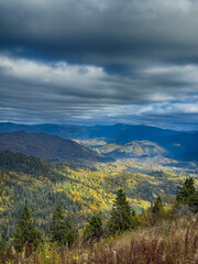The landscape of Carpathian Mountains in the sunny weather. Perfect weather condition in the autumn season