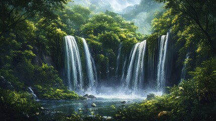 Fototapeta premium Two parallel waterfalls flow into a secluded valley surrounded by dense green foliage background wallpaper AI generated image