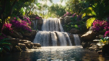 Naklejka premium Waterfalls on smooth rocks in a tropical forest flow into a series of sparkling pools, with colorful flowers background wallpaper AI generated image