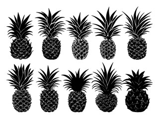Fototapeta premium Pineapple Different Black Silhouettes on White Background Clean Lines Minimalist Tropical Fruit Art Simple Graphic Food Design Pineapple Varieties Collection Juicy Fruit Shapes